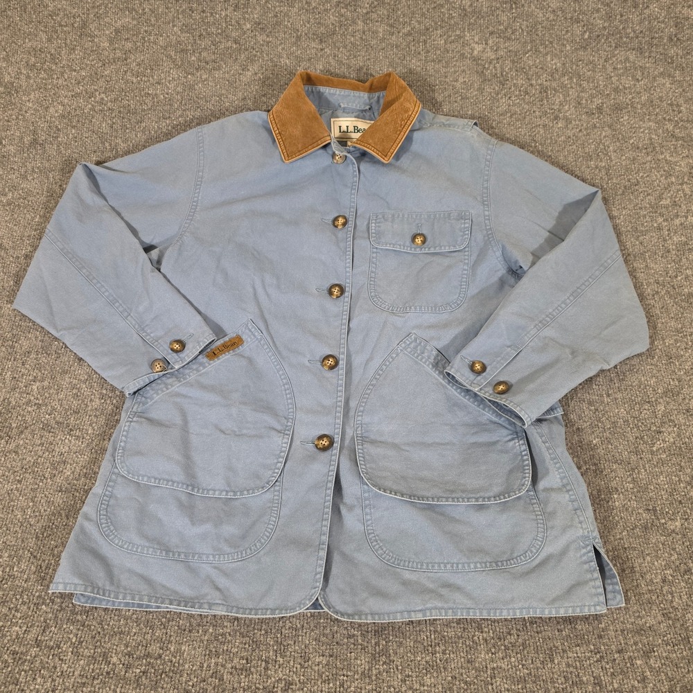 LL Bean Womens Petite Small Blue Flannel Lined Canvas Barn Coat Field Jacket
